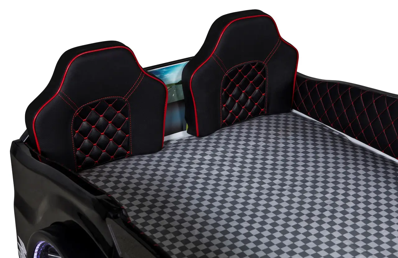 Дитяче ліжко машина Mustang Full Extra Black 190х90 см з підсвічуванням, музикою, шкіряний салон, пультом